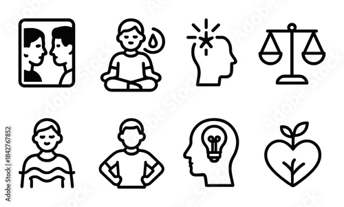 Minimalist black icons: meditation, balance, and innovation concepts