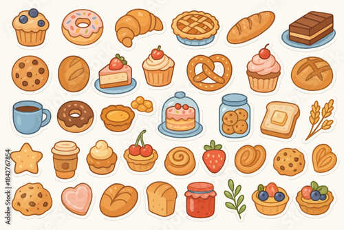 Assorted baked goods collection: pastries, bread, cupcakes, and desserts stickers