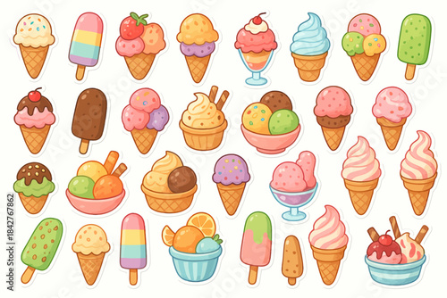Colorful assortment of ice cream cones and popsicles with various toppings