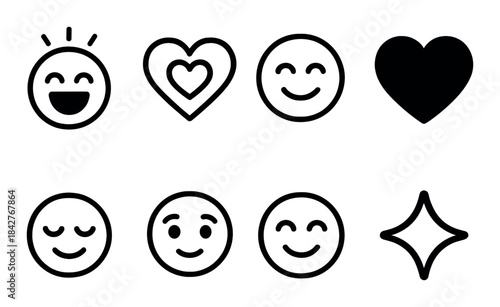 Set of eight black emoji icons on dark background
