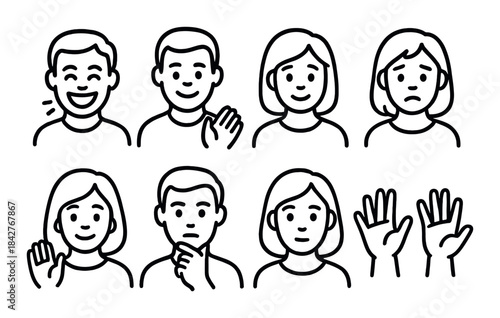 Set of simple line drawings of diverse facial expressions and gestures