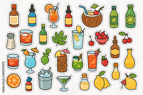 Colorful tropical drinks and ingredients sticker collection.