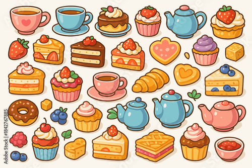 Colorful assortment of teacups and sweet treats with pastries and fruits
