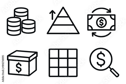 Monochrome financial icons: coins, cash, pyramid, analysis, box, grid