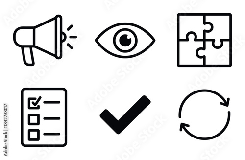 Black and white icons: megaphone, eye, puzzle, checklist, checkmark, refresh