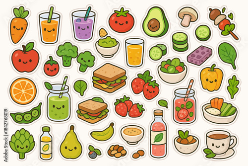 Colorful kawaii food stickers featuring fruits vegetables and drinks.