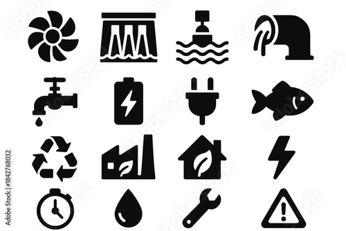 Energy and environment icons: water, power, recycling, and alerts.