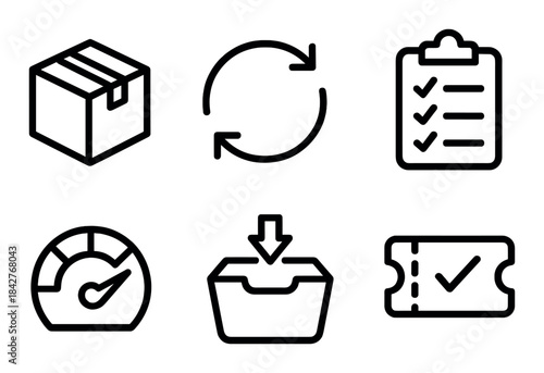 Logistics and quality control icon set featuring package, refresh, checklist, speedometer, inbox, ticket
