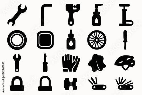 Bicycle maintenance tools and accessories silhouette icons set.
