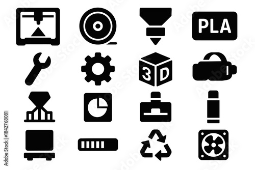 3d printing icons collection: tools, filament, recycling, graphs, and gear.