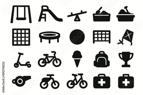 Playground and recreation icons: swings, slide, sandbox, bike, first aid, more.