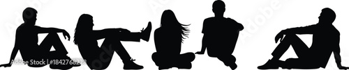 Relaxed group silhouette of people sitting on ground outdoors, casual friends gathering, teamwork concept, social community unity scene for creative projects