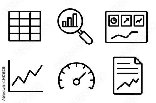 Black grid with business analytics icons including graphs and dashboard indicators