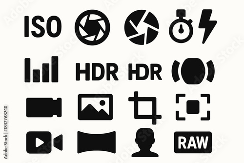 Collection of photography symbols and icons in black silhouette.