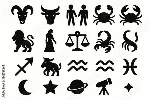 Zodiac symbols collection featuring astrology icons and celestial elements