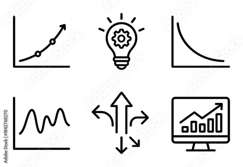 Black and white business icons for technology and financial analysis
