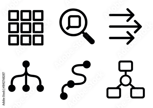 Minimalist black icons set featuring search and navigation symbols on dark background