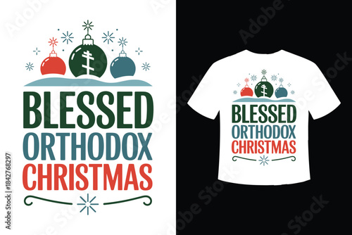 Blessed orthodox christmas festive shirt design with ornaments and cross symbol