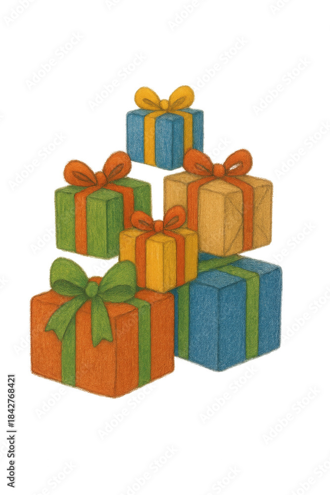 Obraz premium Stack of colorful wrapped gift boxes with ribbons and bows, illustrated in soft colored-pencil style. Festive holiday presents on a transparent background