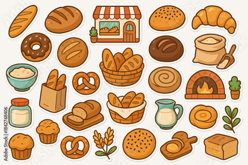 Assorted bakery items: breads, pastries, and baking essentials in cute illustration.
