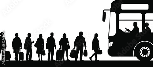 Silhouette passengers waiting in line with luggage to board bus, travel transportation concept, commuters queue, public transit scene for design projects