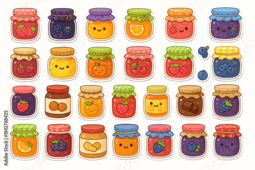 Cute cartoon jars of jam and marmalade with happy faces