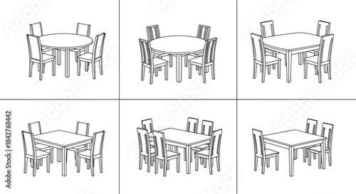 Dining table and chair set, furniture layout icons, round, square, rectangular styles, seating arrangement graphic, interior design sketch