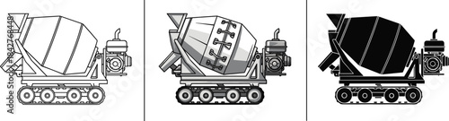 Cement mixer illustration, construction vehicle drawing, grayscale rendering, silhouette style, engineering sketch, industrial machine art, heavy equipment icon set
