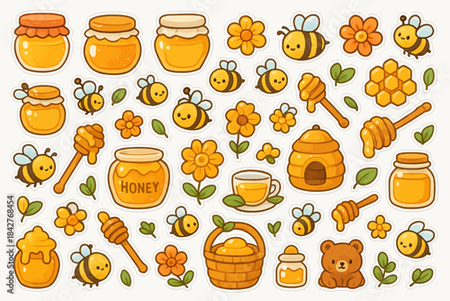 Cute honey themed bee and flower illustrations with honey jars and beehive.