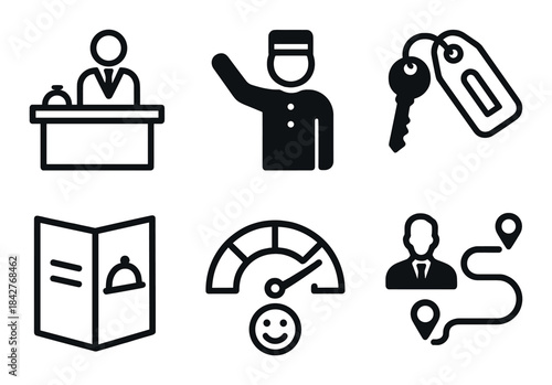 Hotel service icons including reception bellhop keys menu speedometer navigation
