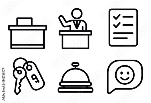 Minimalist hotel icons including reception desk and concierge bell
