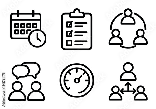 Time management icons: calendar, checklist, teamwork, communication, speed, networking concepts