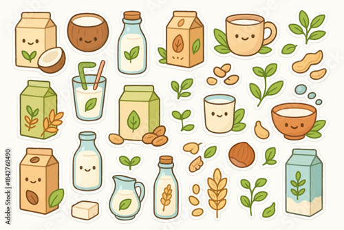 Cute plant-based milk illustrations featuring various carton designs and smiling faces.