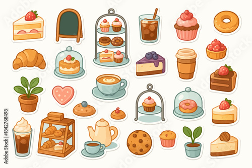 Assorted cute bakery stickers with desserts, coffee, and pastries