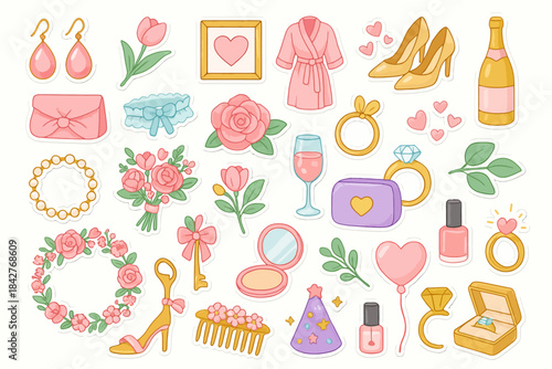 Elegant romantic accessories: flowers, jewelry, and chic items collection.