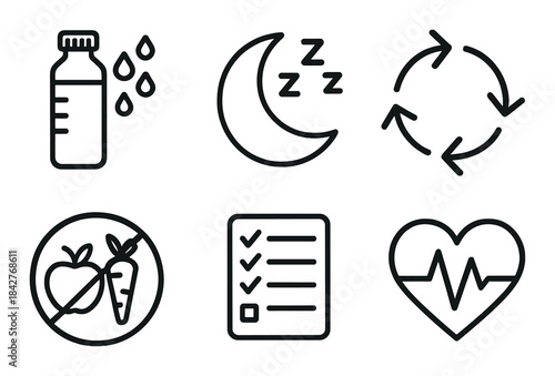 Healthy lifestyle icons: nutrition, sleep, exercise, heart health, hydration, vegetables