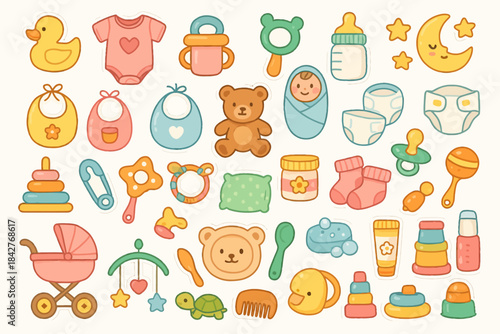 Adorable baby essentials collection including toys, clothes, and accessories