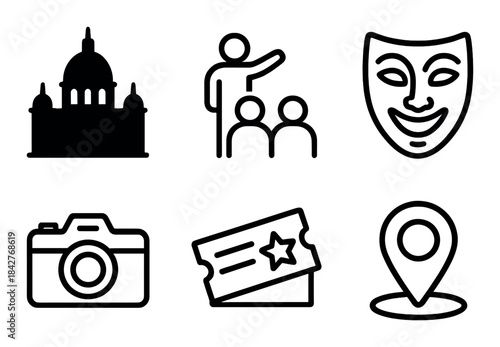 Black silhouette icons: theater, coaching, camera, tickets, location, building