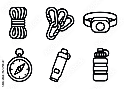 Set of outdoor adventure icons: rope, carabiners, headlamp, compass, flashlight, water bottle