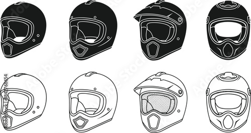 Motorcycle helmet icon set, black and white design, safety gear illustration, visor styles, outline drawing, biker head protection graphics