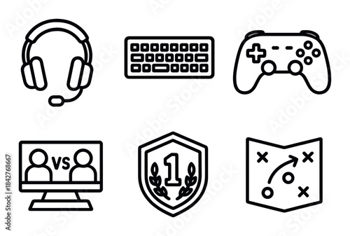 Gamer icons: headset, keyboard, controller, multiplayer, trophy, strategy map