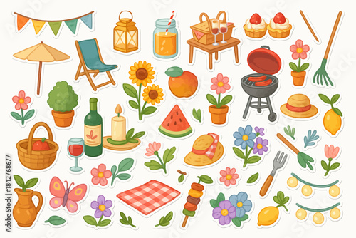 Colorful summer picnic elements: flowers, food, and fun.