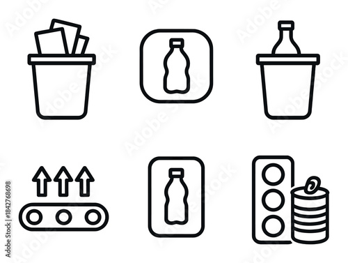 Minimalist recycling icons set featuring bins bottles and arrows