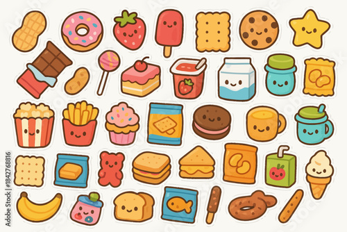 Cute kawaii food stickers collection: adorable cartoon snacks and drinks.