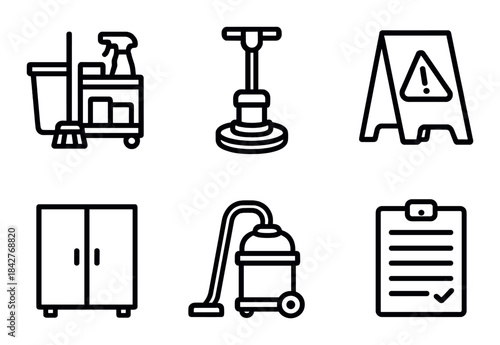 Set of cleaning equipment icons: mop bucket, floor polisher, wet floor sign, storage cabinet, vacuum, checklist