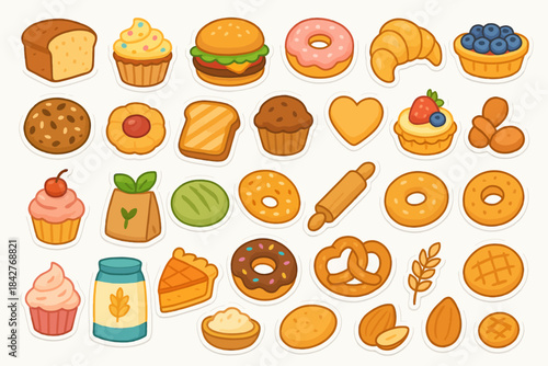 Colorful assortment of various bakery baked goods and pastries icons set.