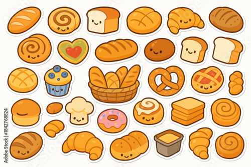 Cute cartoon bakery collection with smiling bread and pastries