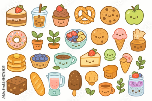 Cute smiling food and beverage stickers collection with desserts and drinks