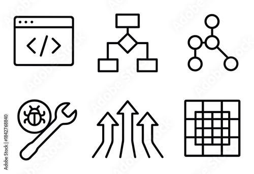Software development and debugging icons in a grid layout on dark background