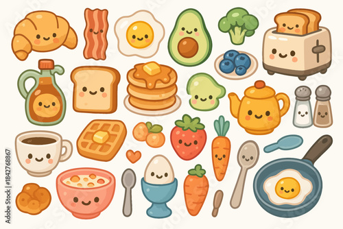 Cute breakfast foods with smiling faces: playful croissants, eggs, and pancakes.